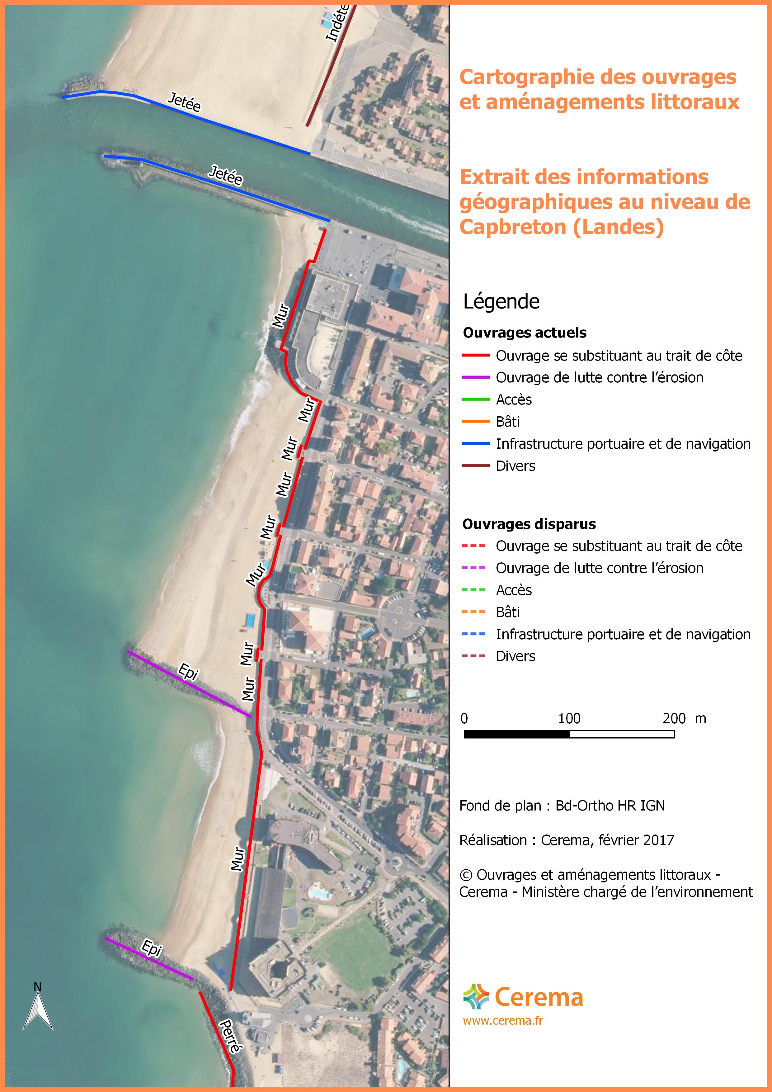 Exemple de relevé des ouvrages et aménagements littoraux à Capbreton (fond de plan : BD ORTHO® HR IGN)