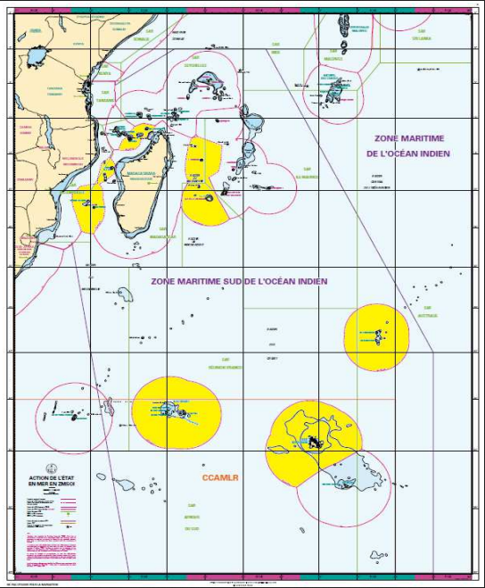 Carte de bassin maritime Sud océan Indien avec les ZEE françaises