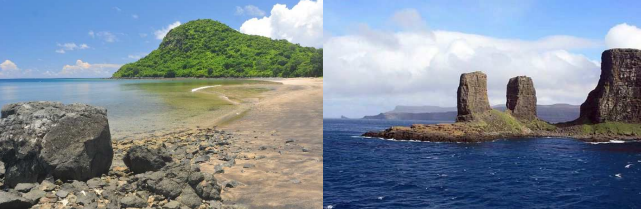 A gauche, plage de Saziley, Mayotte. A droite, Kerguelen, Terres Australes