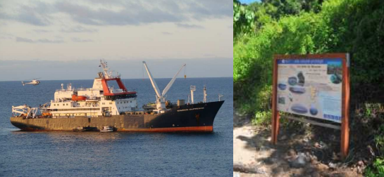 À gauche, Le Marion Dufresne, navire des terres extrêmes. À droite, panneau de sensibilisation sur les îlots (Conservatoire du Littoral), Mayotte