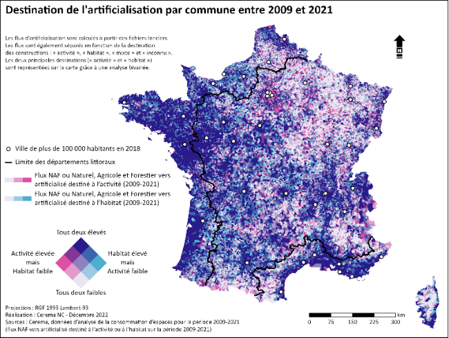 Carte de la destination de l'artificialisation par commune entre 2009 et 2021